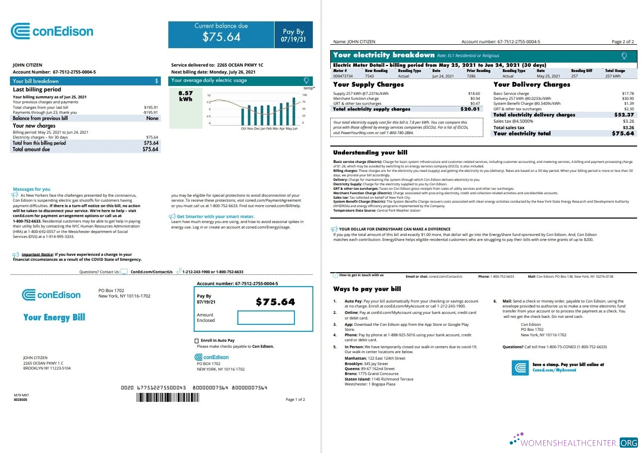 download USA Con Edison utility bill template in Word and PDF format, 2 pages (2021 April – present) PDF template